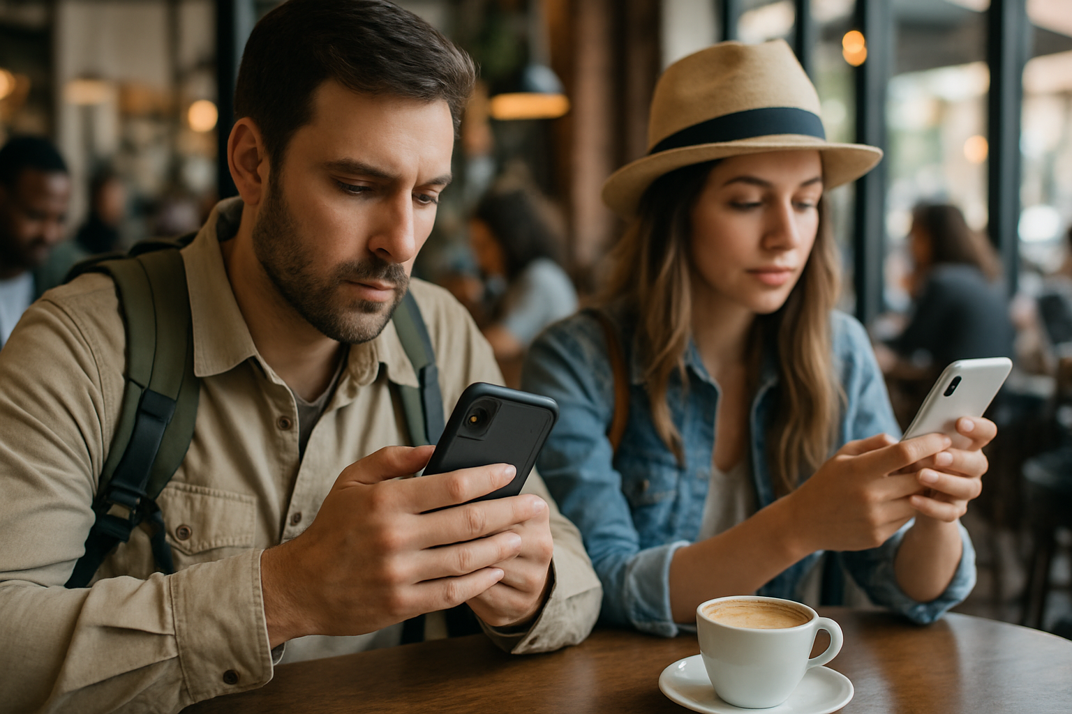 travelers using mobile devices in a bustling cafe — how can you protect a mobile device while traveling