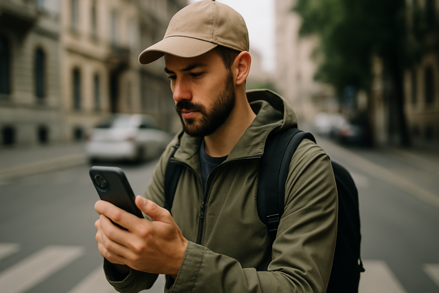 person with smartphone in hand navigating through city streets — how can you protect a mobile device while traveling