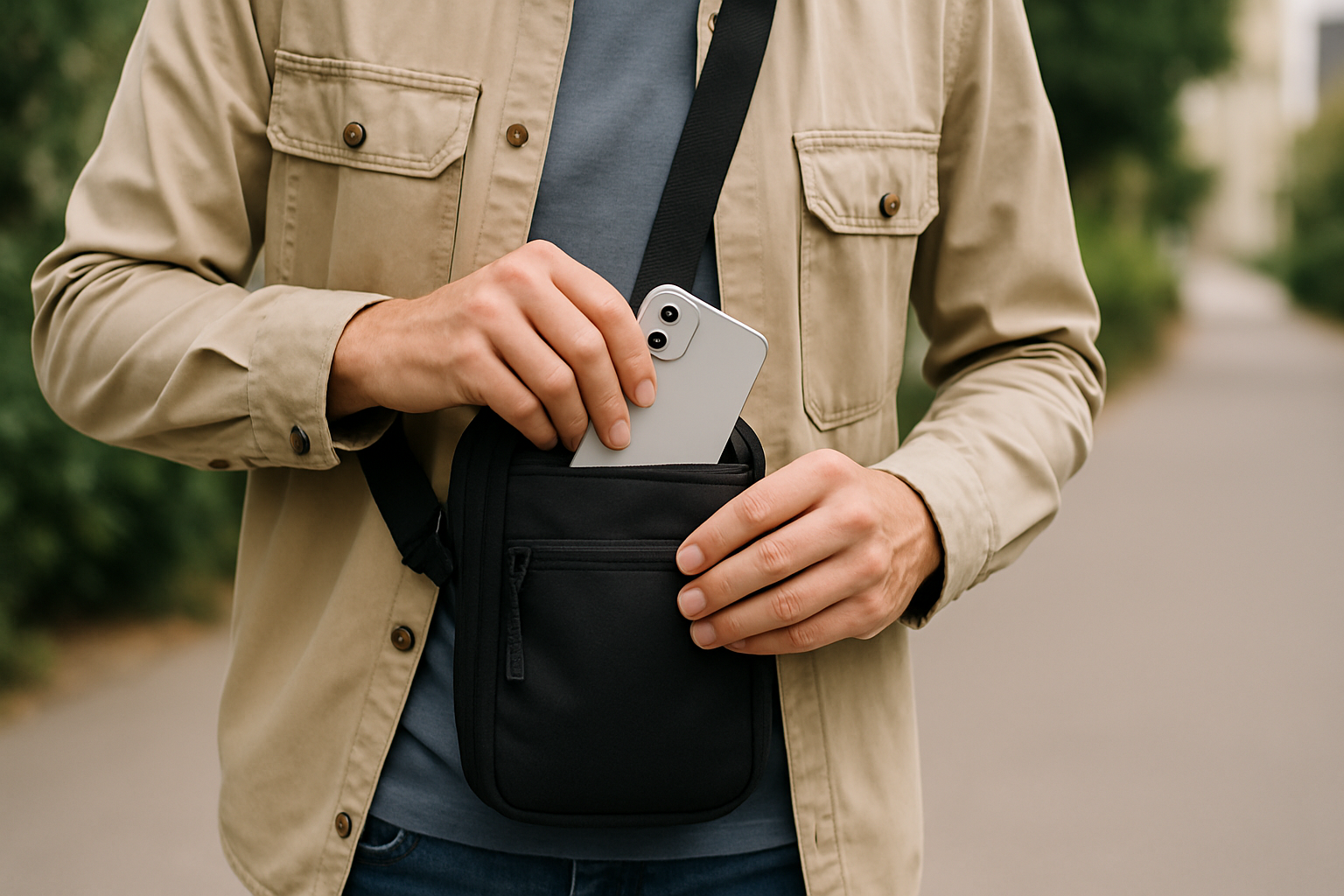 a person securing a mobile device in a travel pouch while walking