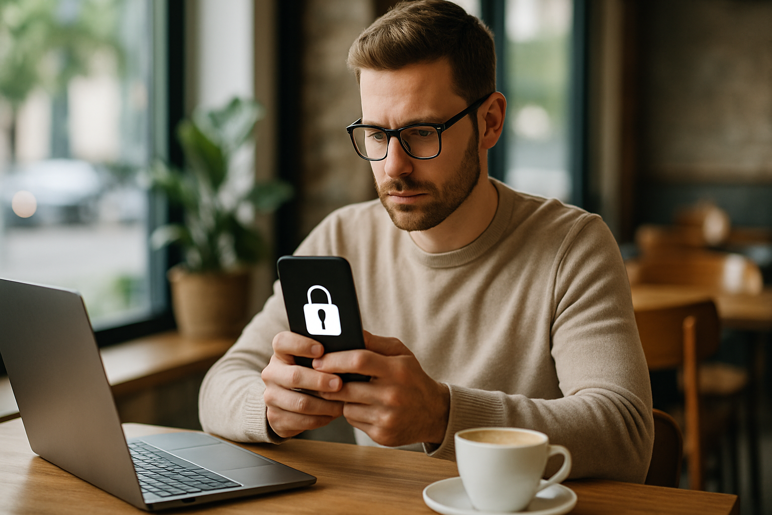individual working on mobile device in a café, illustrating secure communication