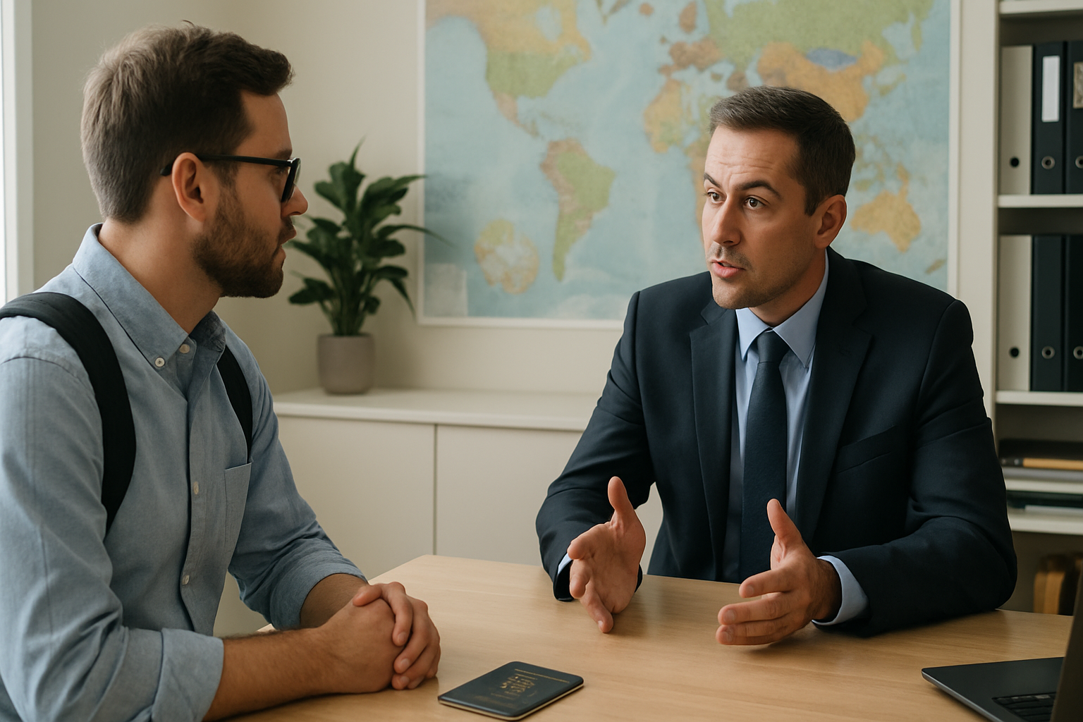 traveler receiving a defensive foreign travel briefing in an office setting, ensuring safety and security while abroad